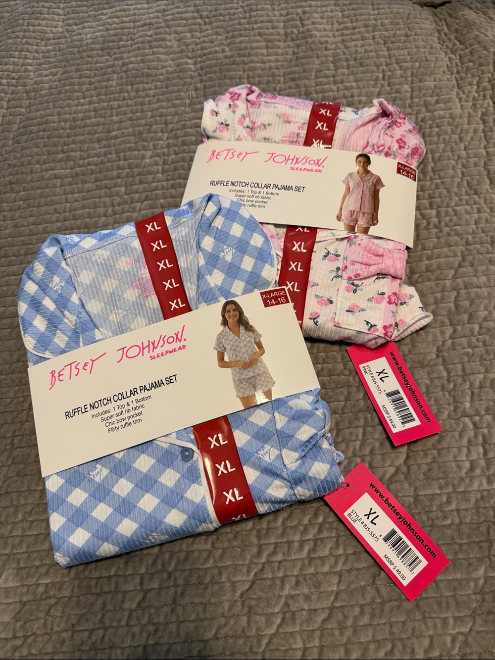 Betsey Johnson Women’sBlue Gingham & Pink Floral Ruffle Notch Collar Pajama Sets